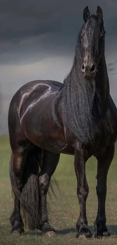 Majestic black horse under a stormy sky.