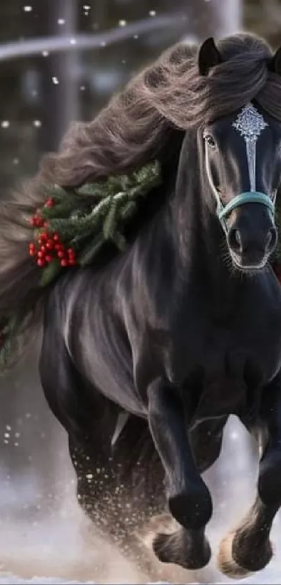 Majestic black horse with festive wreaths galloping in a snowy forest.