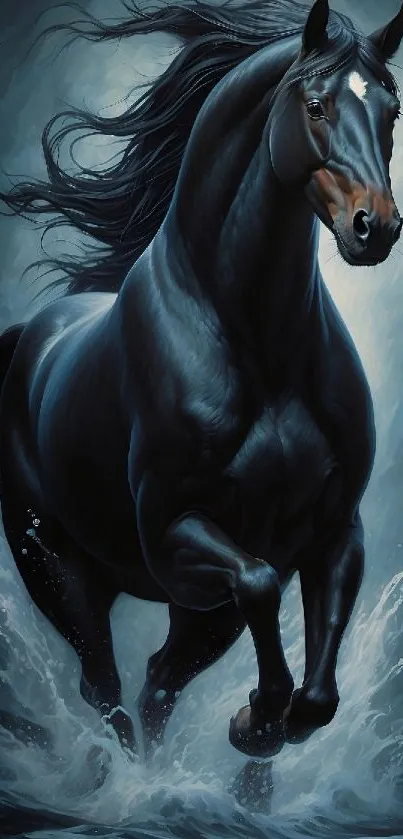 Majestic black stallion galloping through water with flowing mane.