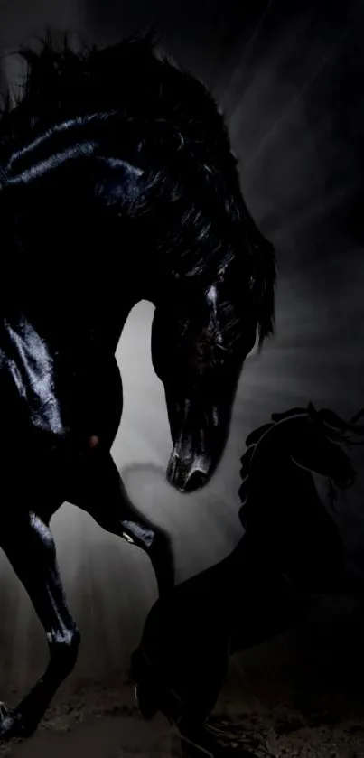 Majestic black horse with silhouette on dark wallpaper.