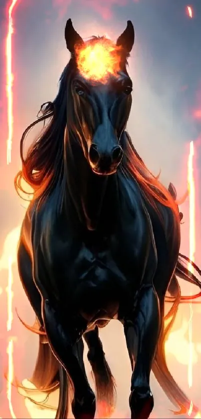 Majestic black horse with fiery mane against a smoky background.