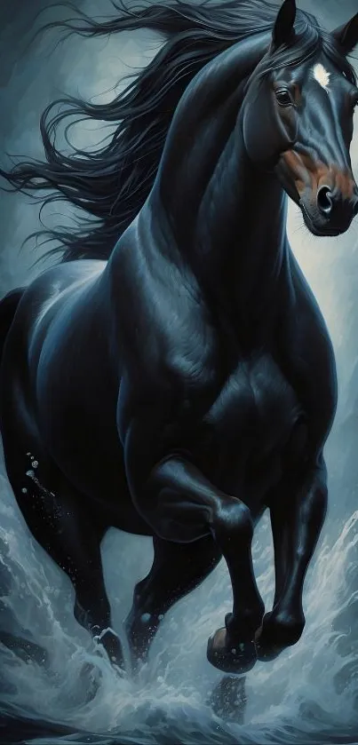 Majestic black horse charging through water with flowing mane.