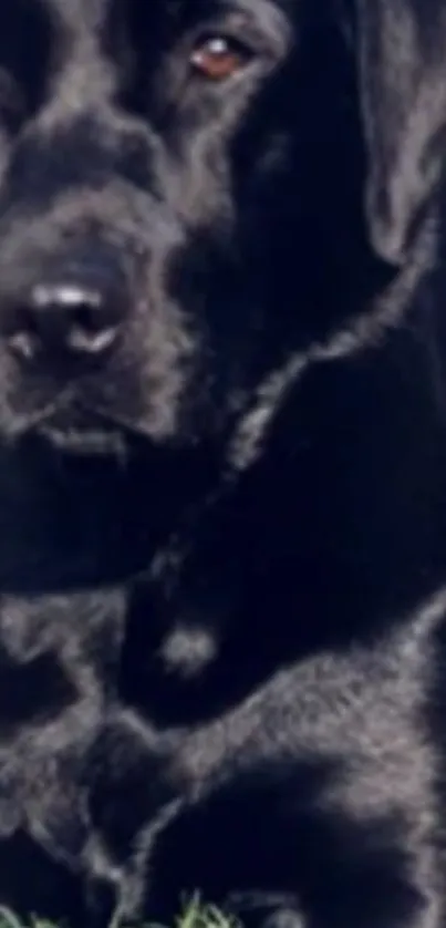 A majestic black Labrador dog lying in grass, showcasing sleek fur and attentive eyes.