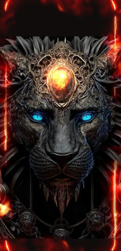 Intricate black lion with blue eyes art wallpaper for mobile.