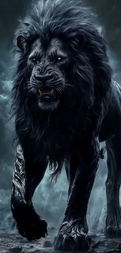 Majestic black lion walking in a stormy landscape with fierce expression.