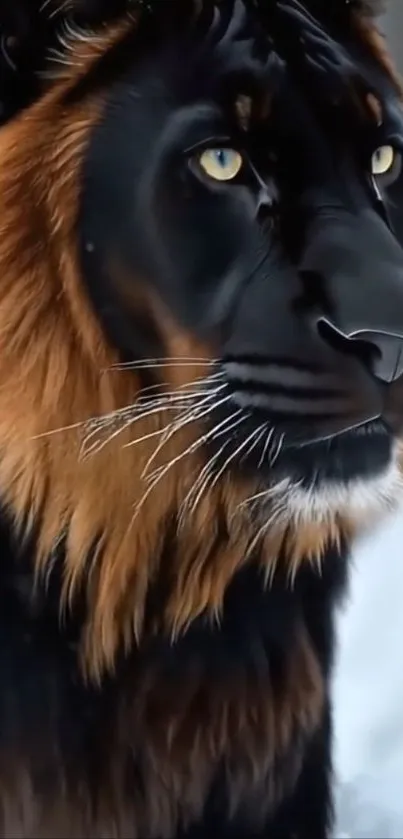 Majestic black lion with golden mane.