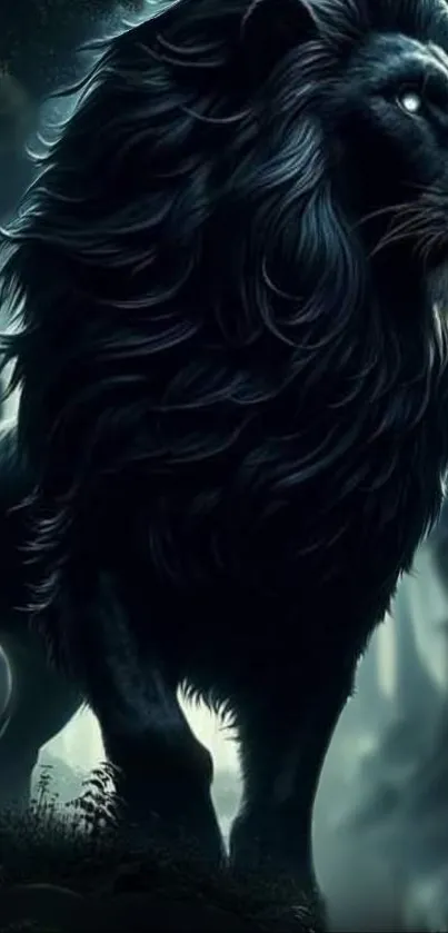 Majestic black lion in a mystical jungle setting.