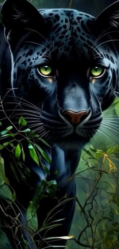 Majestic black panther in a jungle setting with vibrant greenery.