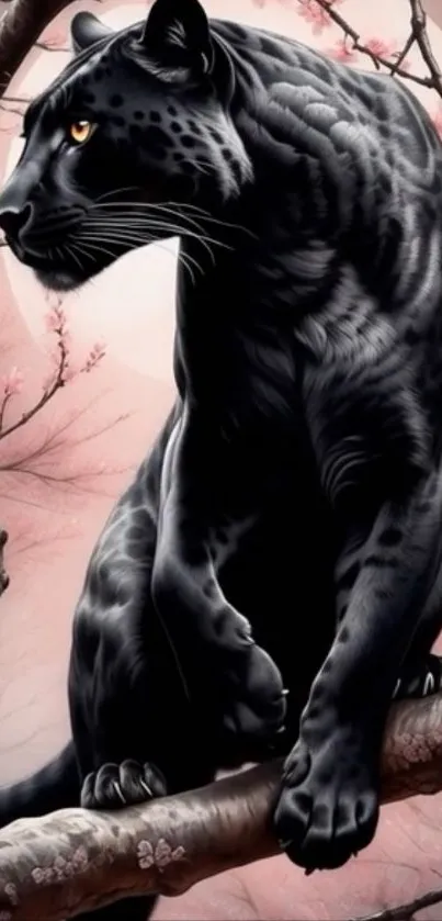 Black panther on cherry blossom tree art.