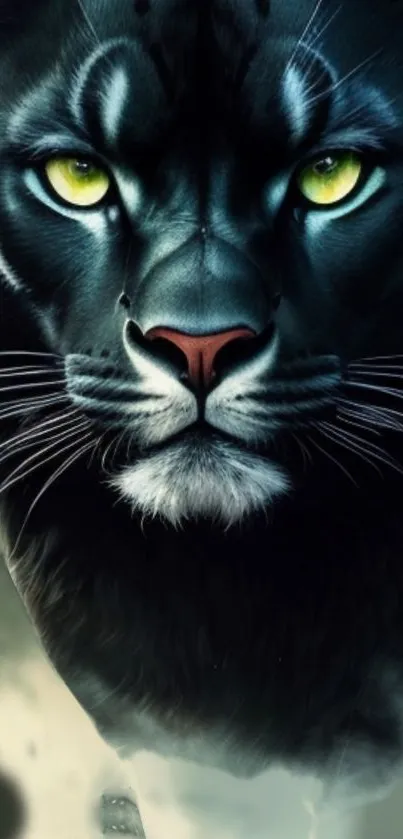 Majestic black panther with vivid green eyes on a phone wallpaper.