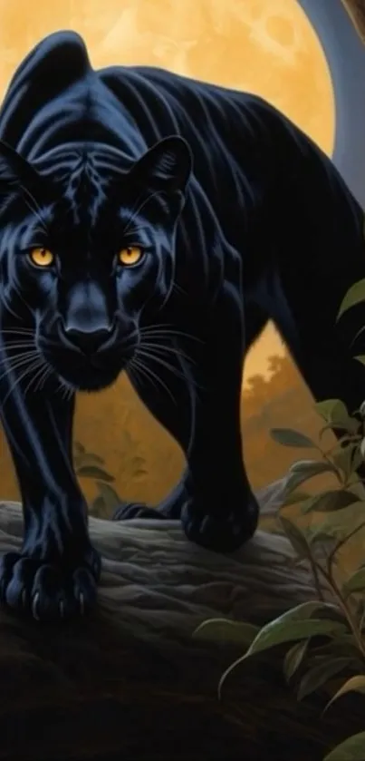 Black panther under a full moon in jungle setting.