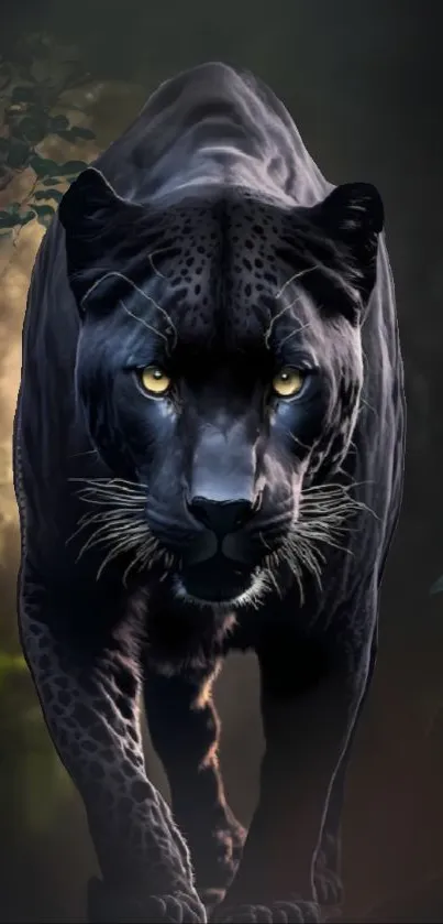 Majestic black panther in a mystical forest setting mobile wallpaper.