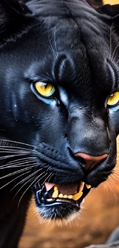 Black panther with yellow eyes in striking mobile wallpaper.