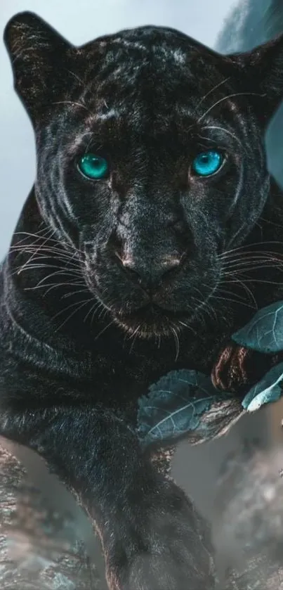 Black panther with striking blue eyes on log.