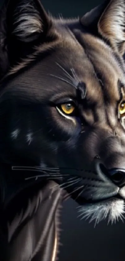 Black panther with golden eyes on a dark background.