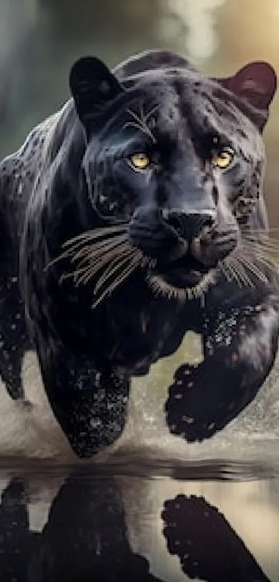 Black panther leaping through a stream in a forest setting.