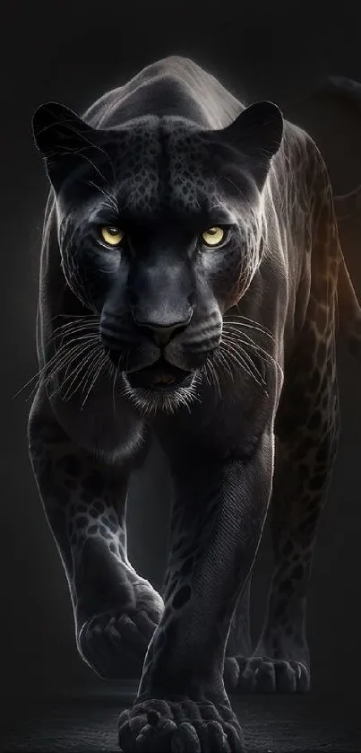 Elegant black panther walking with glowing eyes.