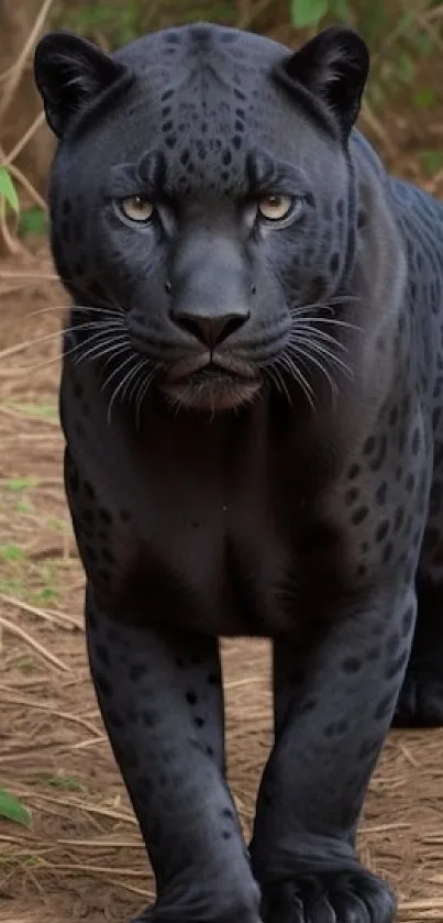 Majestic black panther walking through jungle, mobile wallpaper.