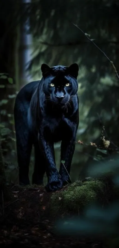 Black panther prowling through dark forest shadows.