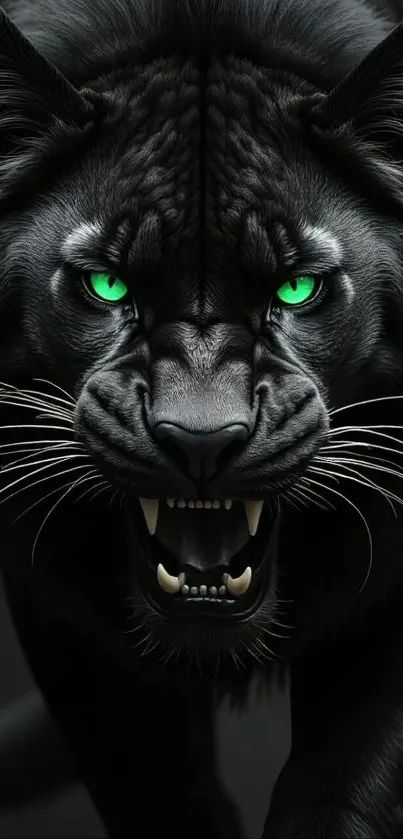 Fierce black panther with green eyes