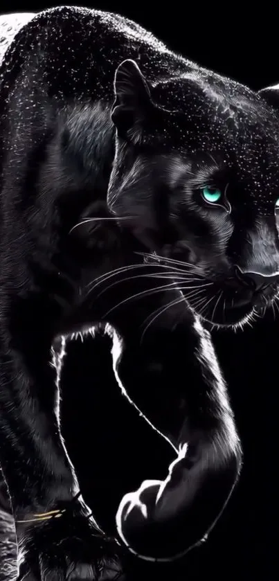 A majestic black panther with glowing eyes in a striking pose on a dark background.