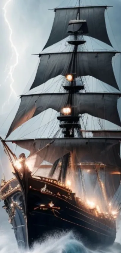 Dynamic mobile wallpaper of a pirate ship in a stormy sea with lightning.