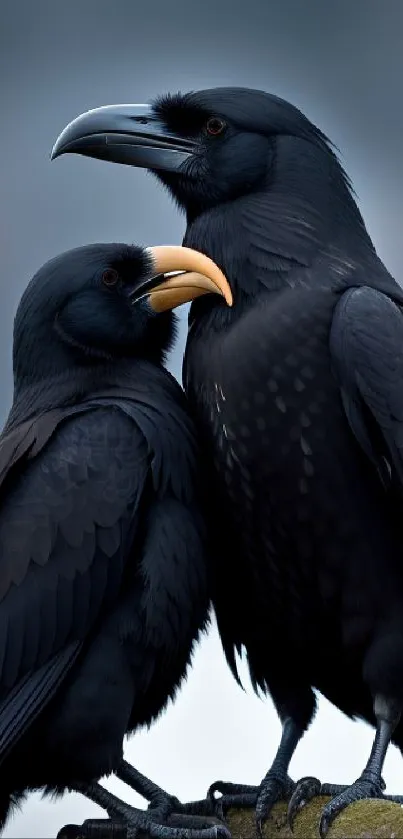 Two majestic black ravens perched on a rock with blurred background.