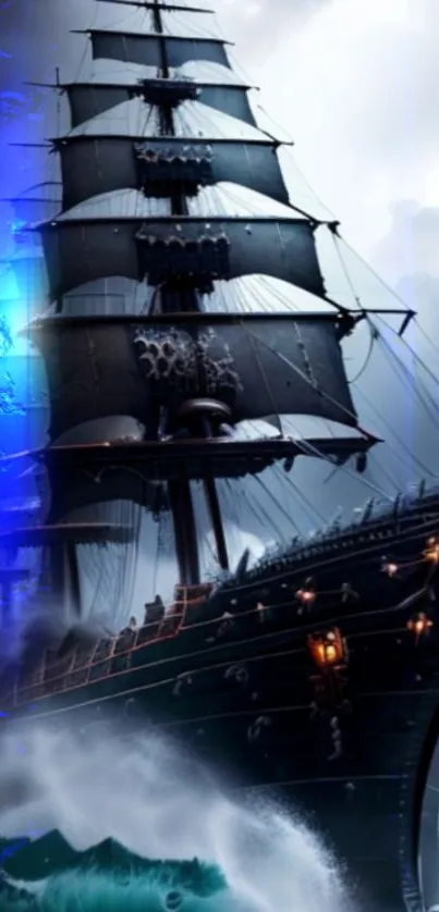 A majestic black ship sails through stormy seas with crashing waves.