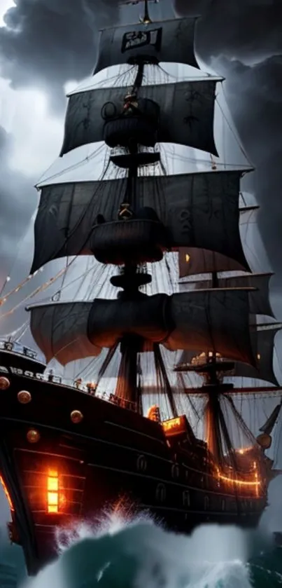 Majestic black ship in stormy sea wallpaper.