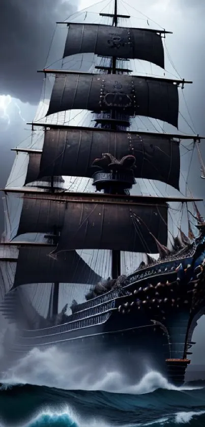 Majestic black ship sailing through stormy seas under dark clouds.