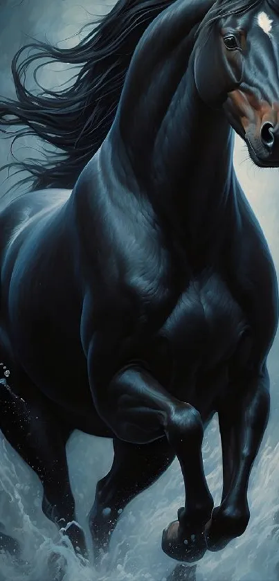 Majestic black stallion galloping through water in stunning mobile wallpaper.