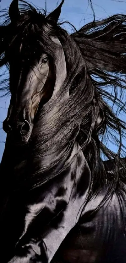 Majestic black stallion with flowing mane under a blue sky.