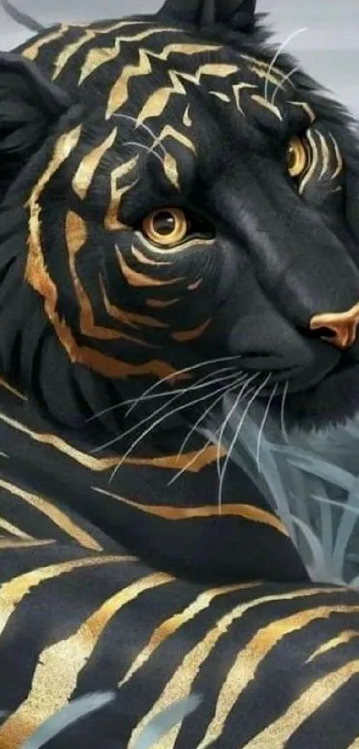 Majestic black tiger with gold stripes in artistic design wallpaper.