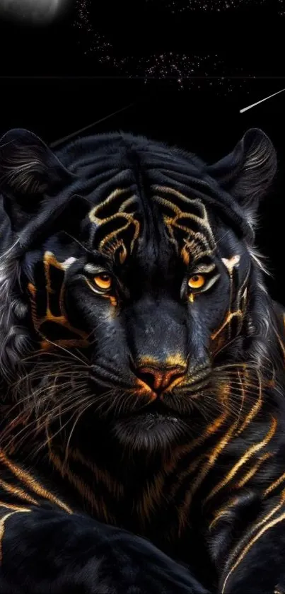 Majestic black tiger with glowing eyes on a dark background.