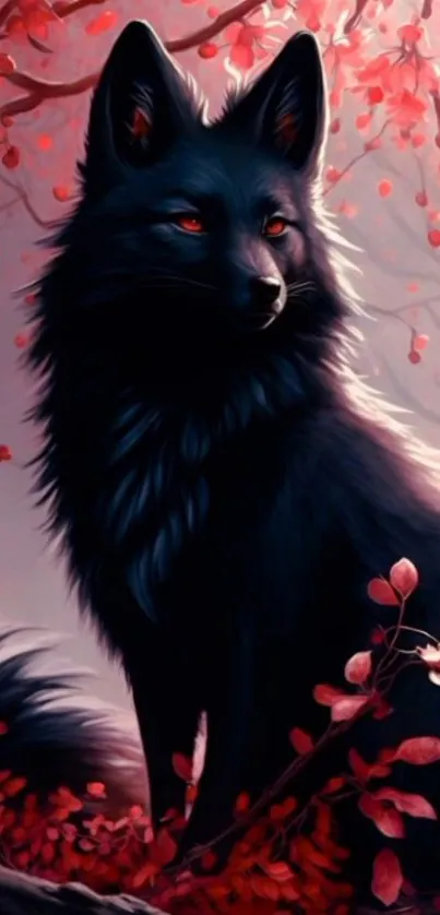 Majestic black wolf with red foliage in stunning forest setting wallpaper.