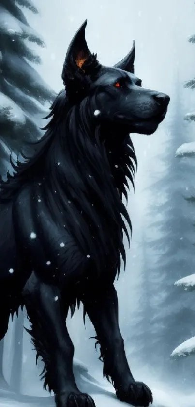 Majestic black wolf in a snowy forest scene.