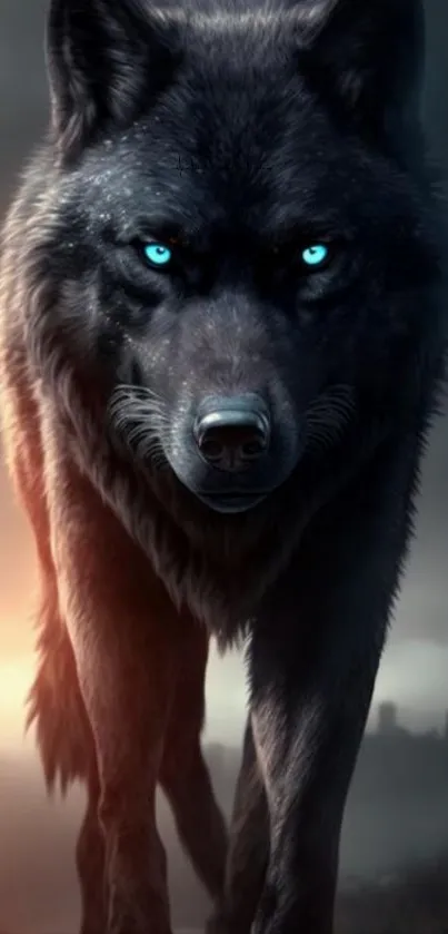 Black wolf with blue eyes in a mystical forest setting for mobile wallpaper.