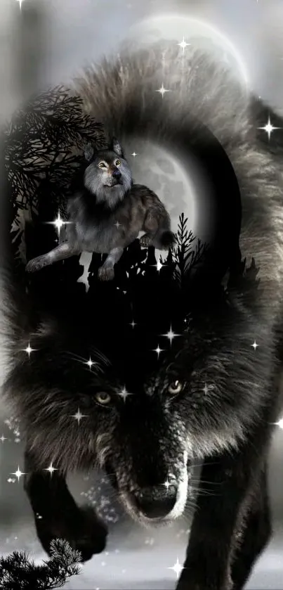 Majestic black wolf in winter forest, perfect for mobile wallpaper.
