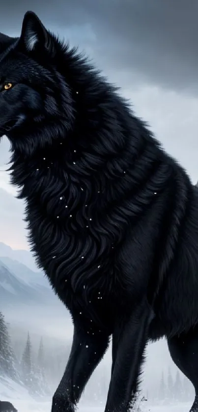 Majestic black wolf standing in a snowy mountain landscape.