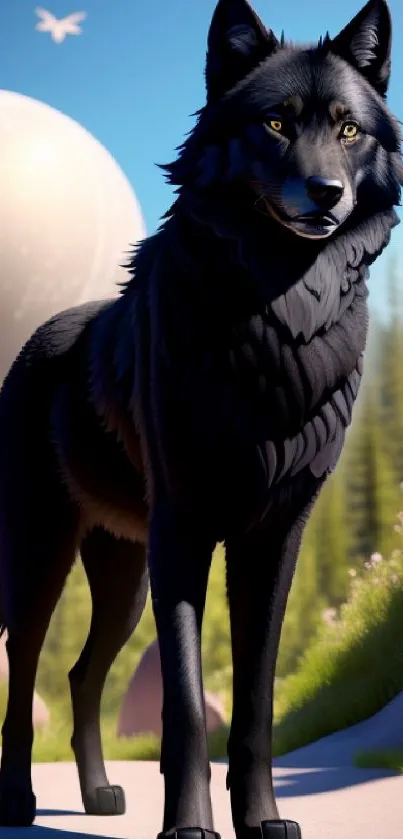 Majestic black wolf in serene nature setting, ideal for mobile wallpaper.