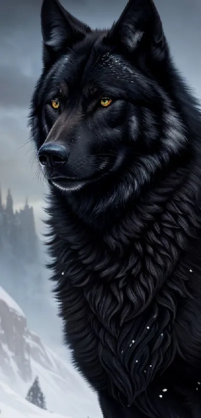 Majestic black wolf standing in snowy mountains with striking eyes.