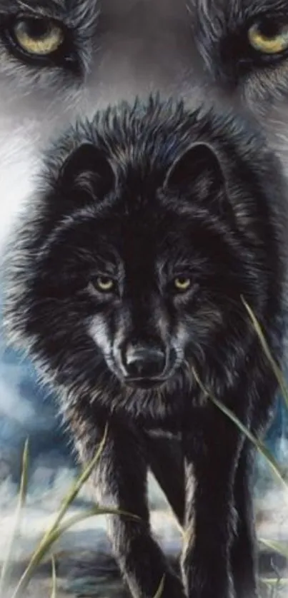 Majestic black wolf with glowing eyes in a misty forest setting.