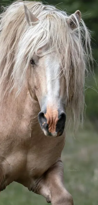 Majestic blonde horse amidst lush green scenery.