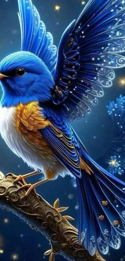 Majestic blue bird perched on a decorated branch in vibrant colors.