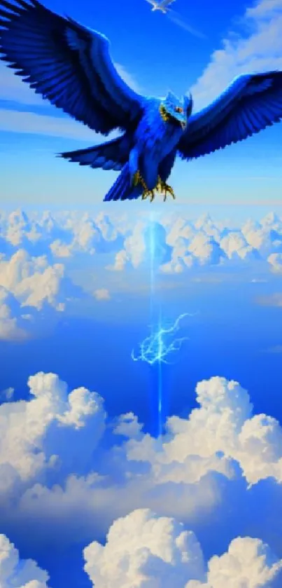 Majestic blue bird soaring above clouds with electric energy.