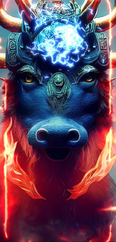 Majestic blue bull with flames in fantasy art style.