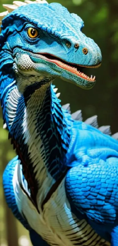 Blue velociraptor in forest mobile wallpaper.