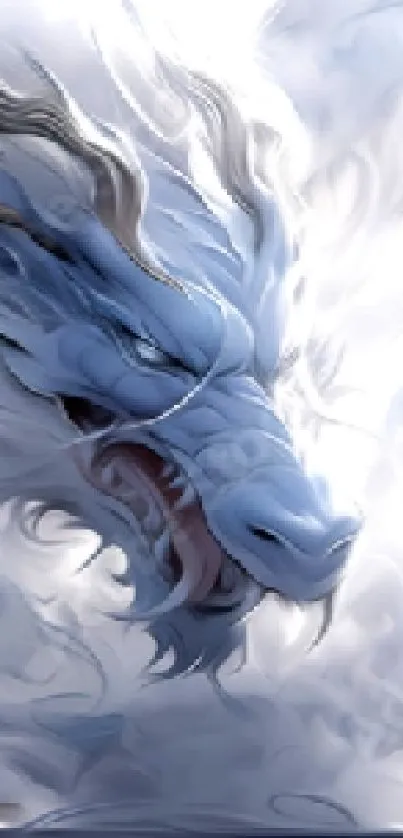 Majestic blue dragon in misty clouds, mobile wallpaper