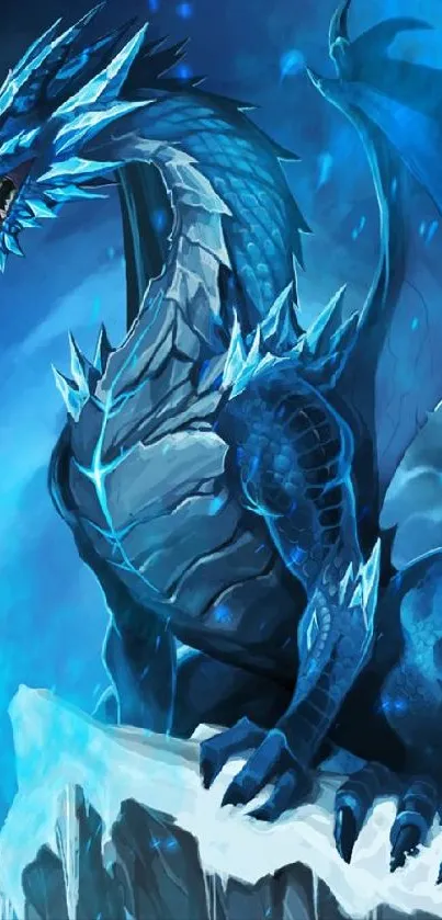 Majestic blue dragon on an icy peak in vivid fantasy art.