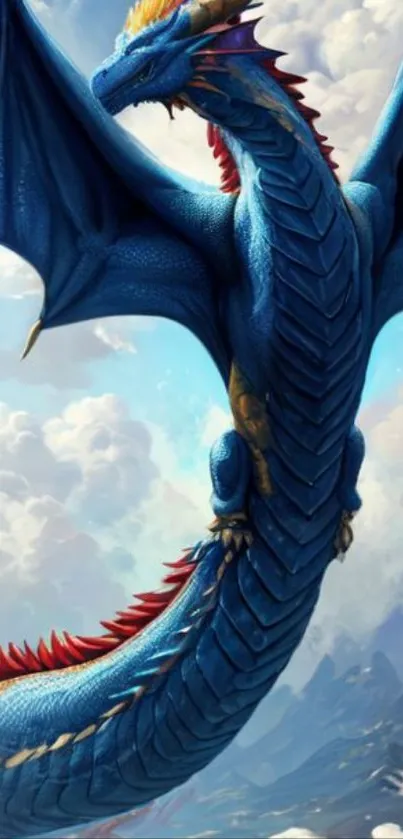 Vibrant blue dragon soaring in cloudy sky wallpaper.